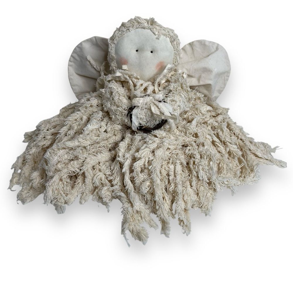 Vintage Handmade Yarn Angel Rag Doll Cream Painted Face Wings Holiday Decor